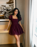 Wine Puff-Sleeve Skater Dress
