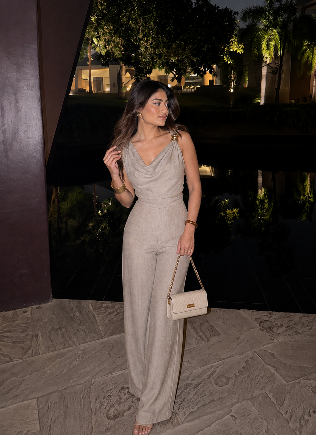 Beige Draped Neck Wide-Leg Jumpsuit