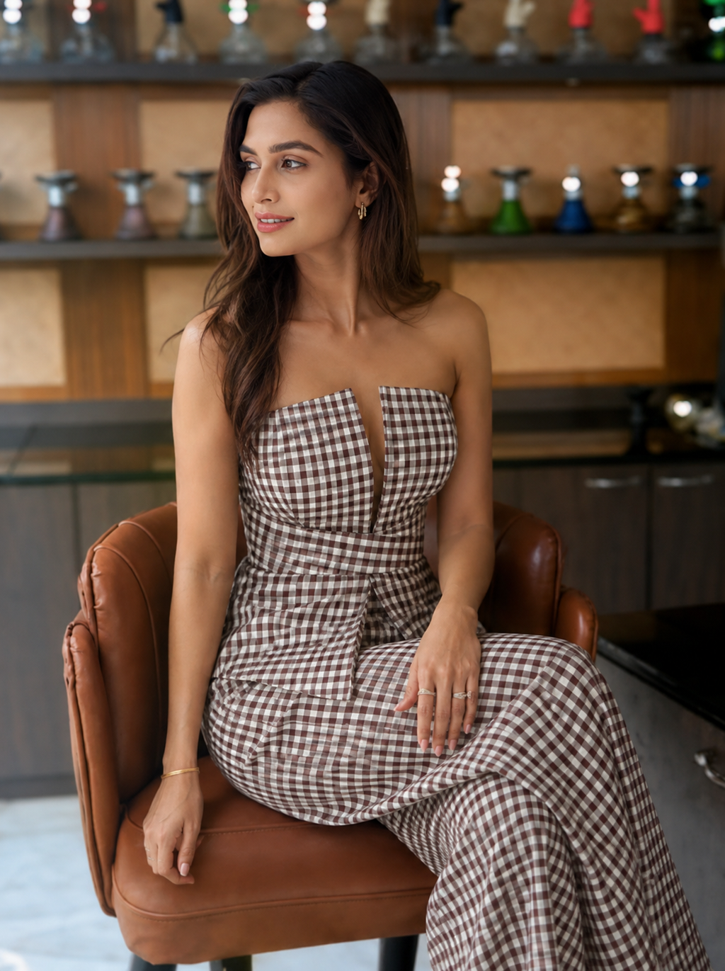 Brown Gingham Strapless Peplum Co-Ord Set