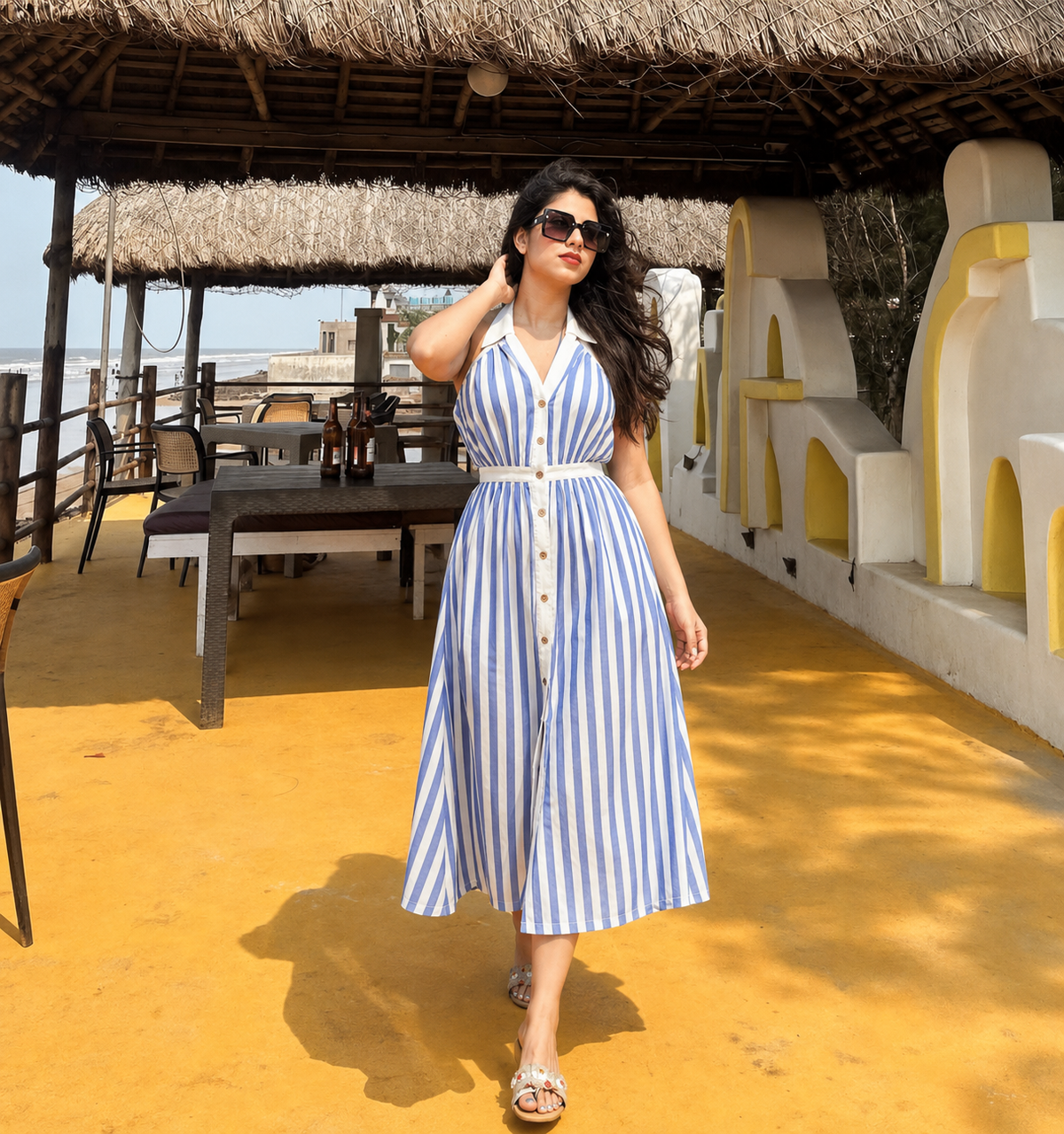 Marina Blue Stripe Collared Midi Dress