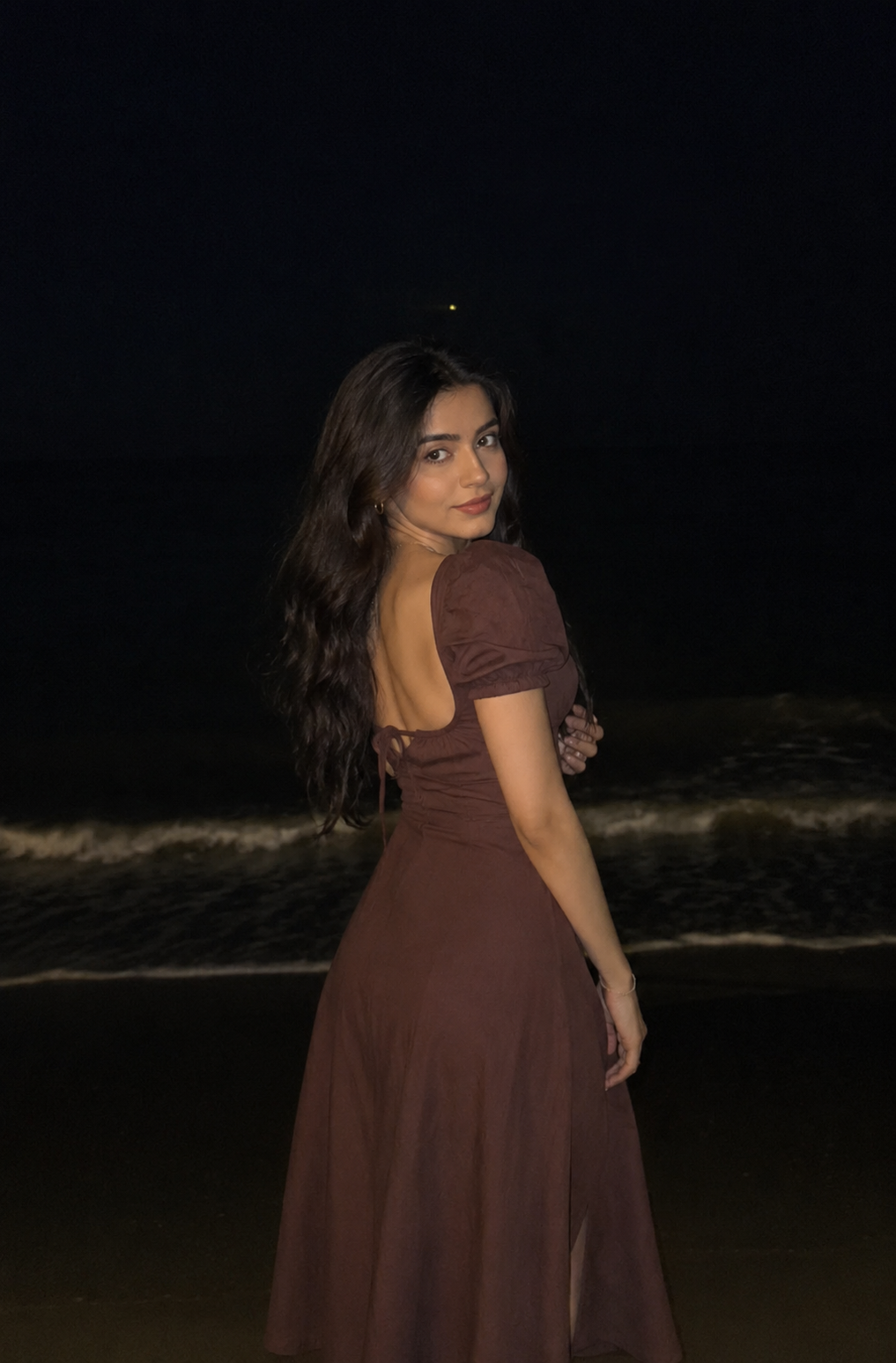 Chocolate Brown Ruched Puff-Sleeve Midi Dress
