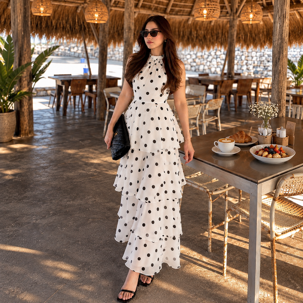 Polka Dot Tiered Halter Maxi Dress