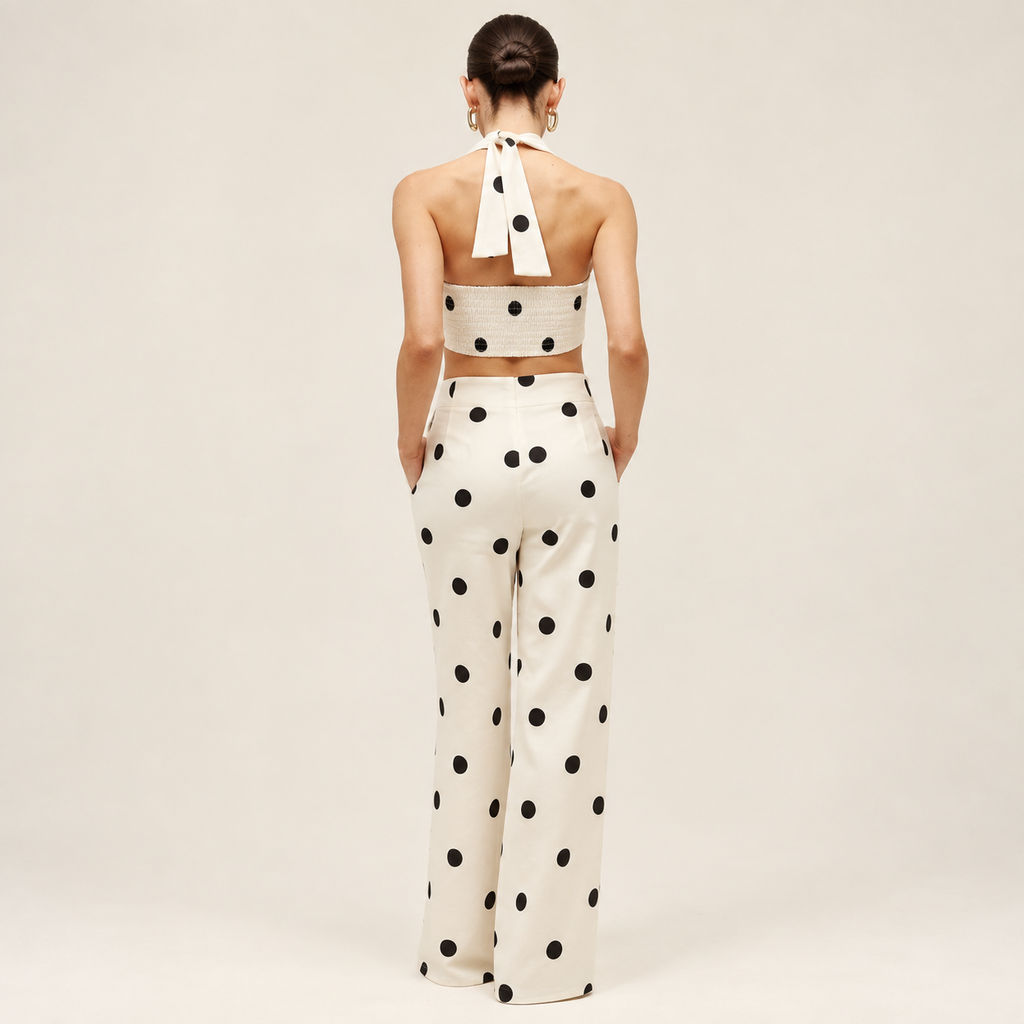 Polka Crop Top & Wide-Leg Pants Co-Ord Set
