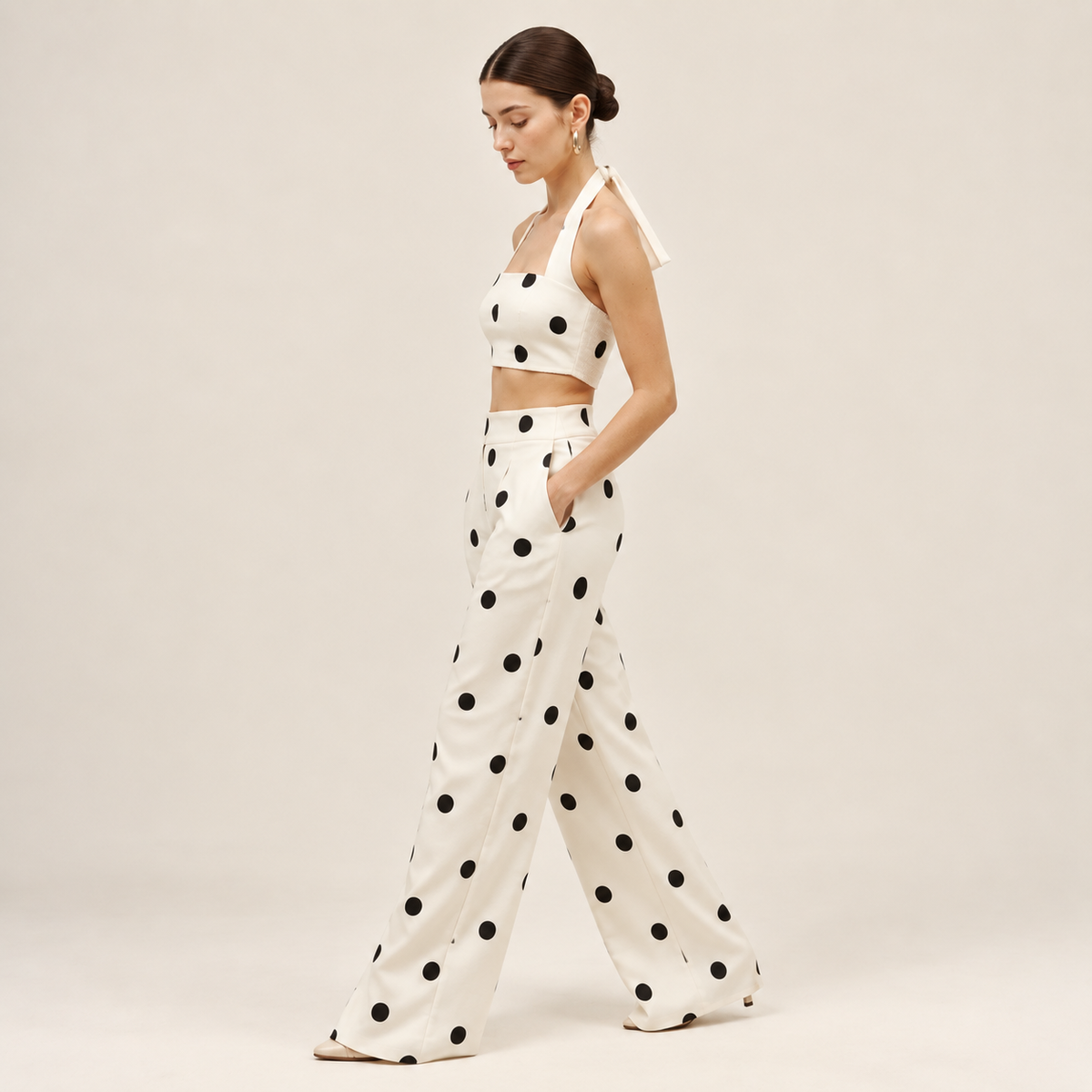 Polka Crop Top & Wide-Leg Pants Co-Ord Set