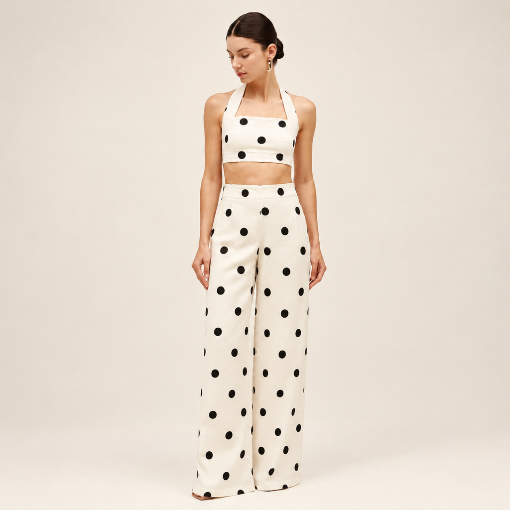 Polka Crop Top & Wide-Leg Pants Co-Ord Set