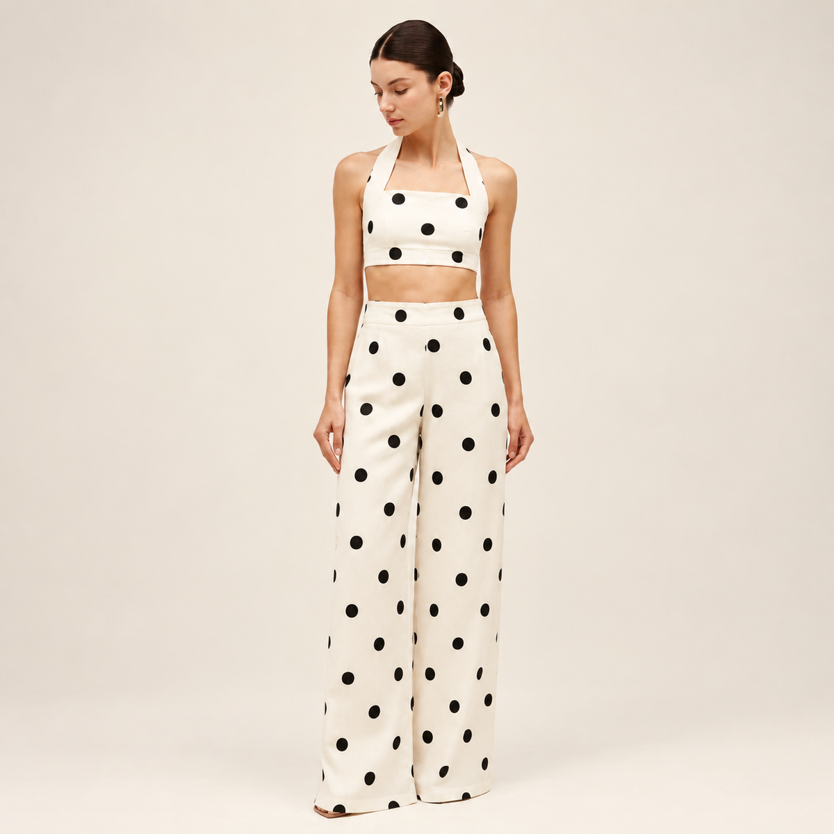 Polka Crop Top & Wide-Leg Pants Co-Ord Set