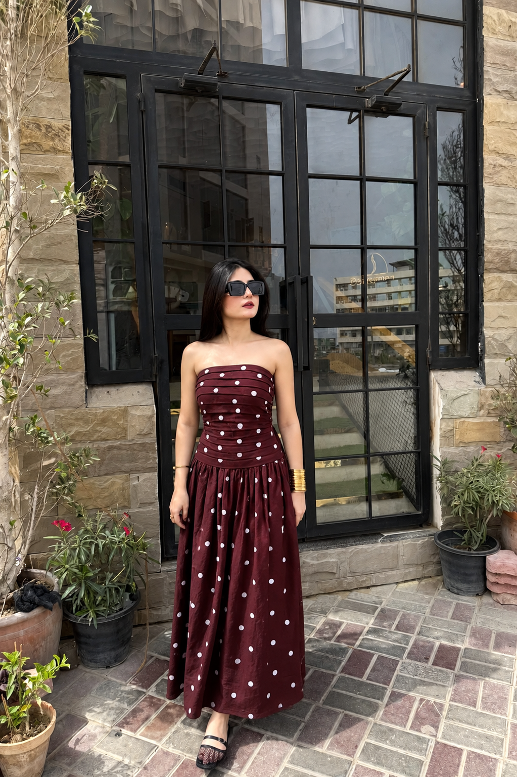 Burgundy Polka Dot Strapless Maxi Dress