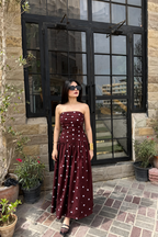 Burgundy Polka Dot Strapless Maxi Dress