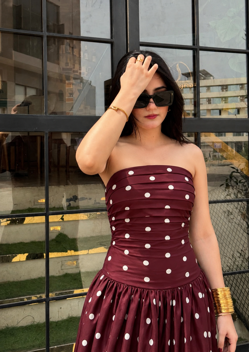 Burgundy Polka Dot Strapless Maxi Dress