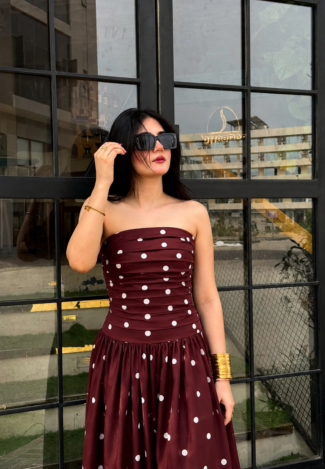 Burgundy Polka Dot Strapless Maxi Dress