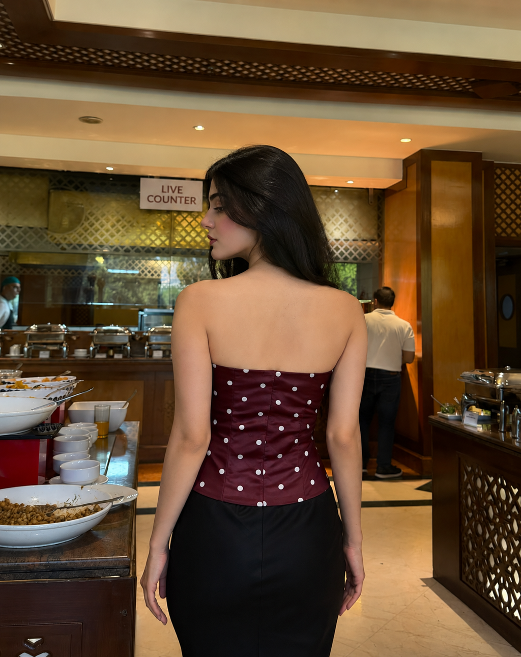 Burgundy Polka Dot Strapless Corset Top
