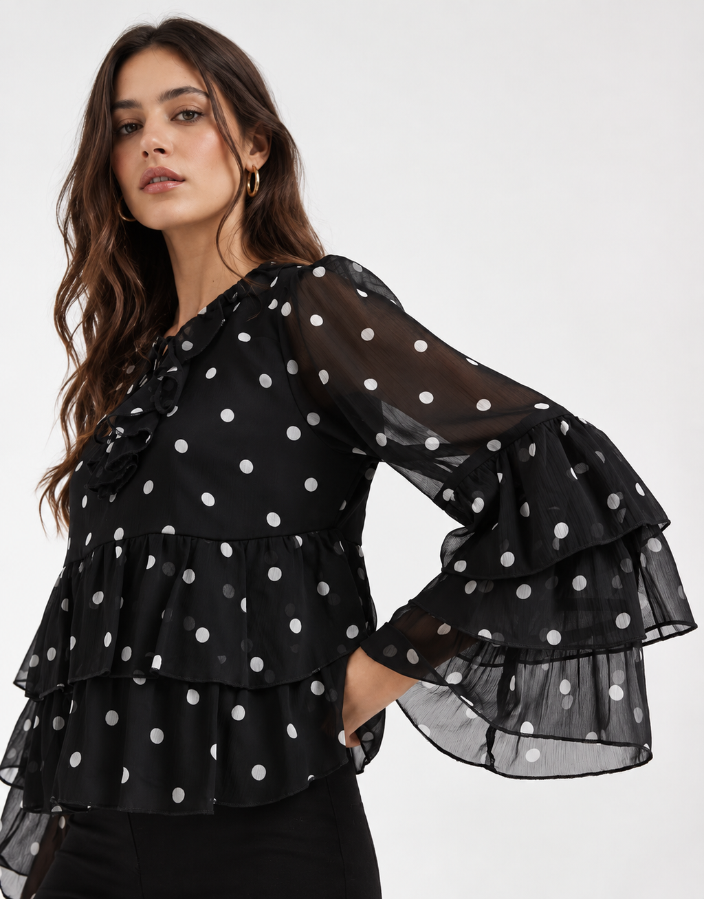 Sheer Blouse with Ruffles Details in Black Polka Dots