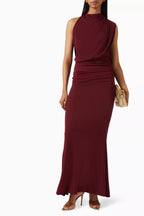 Burgundy Draped Ruched Maxi Dress