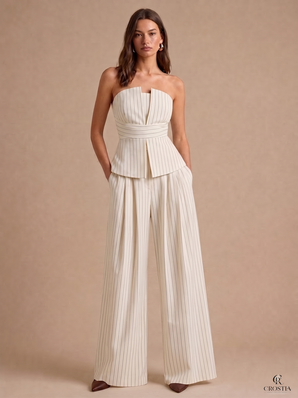 Strapless Pinstripe Wide-Leg Co-Ord Set