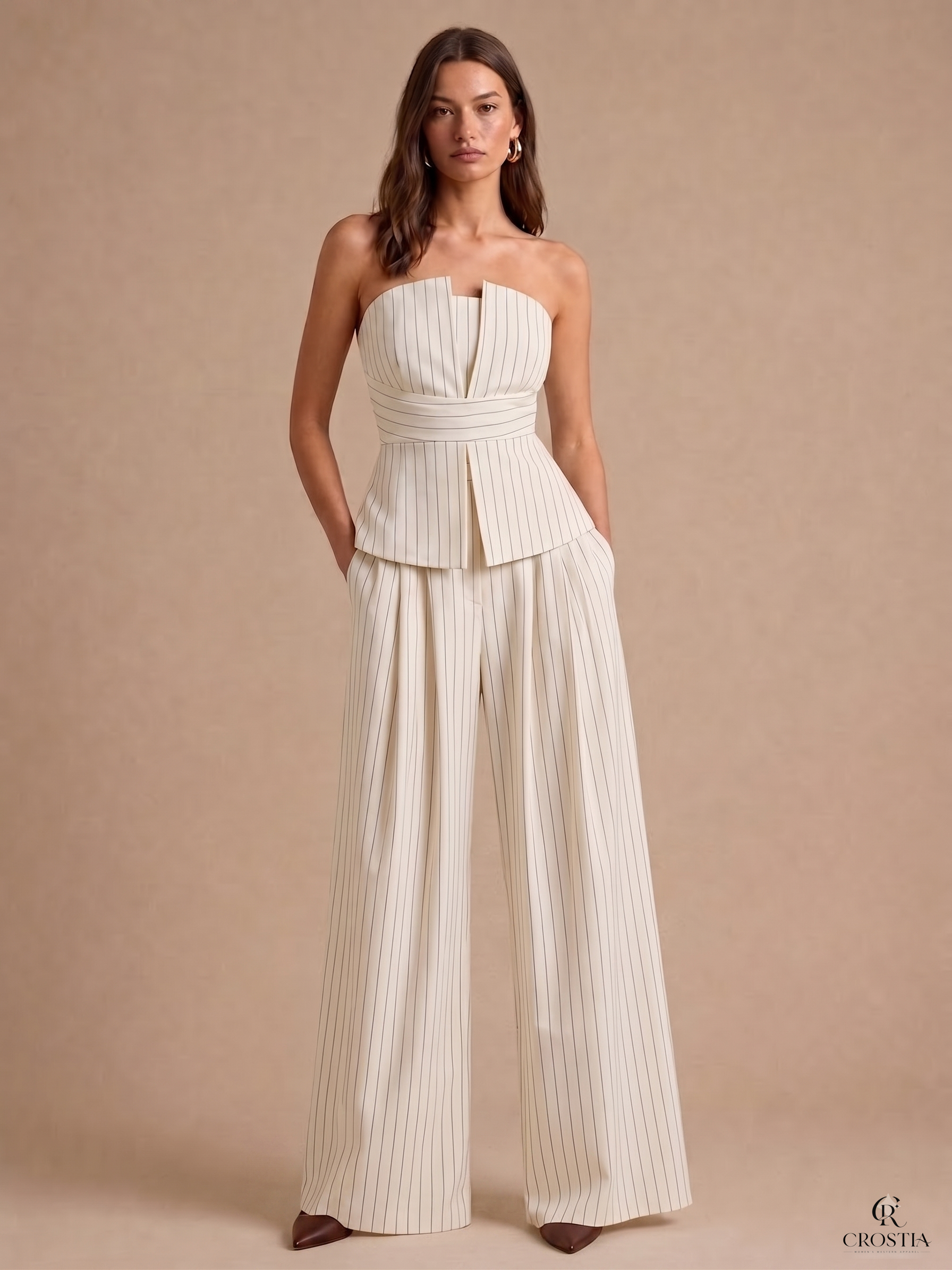 Strapless Pinstripe Wide-Leg Co-Ord Set