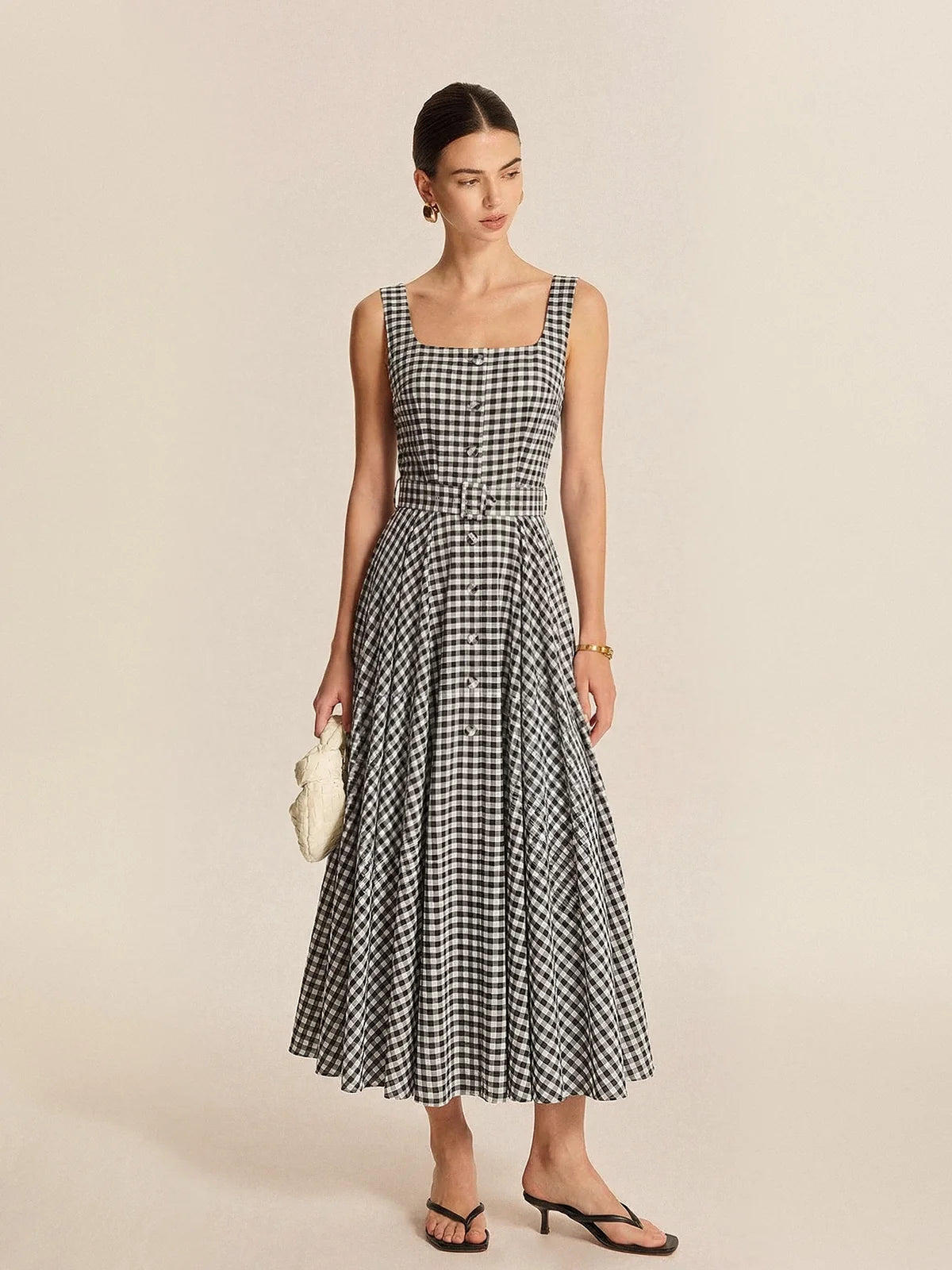 Gingham Cotton Belted Sleeveless Maxi Dress