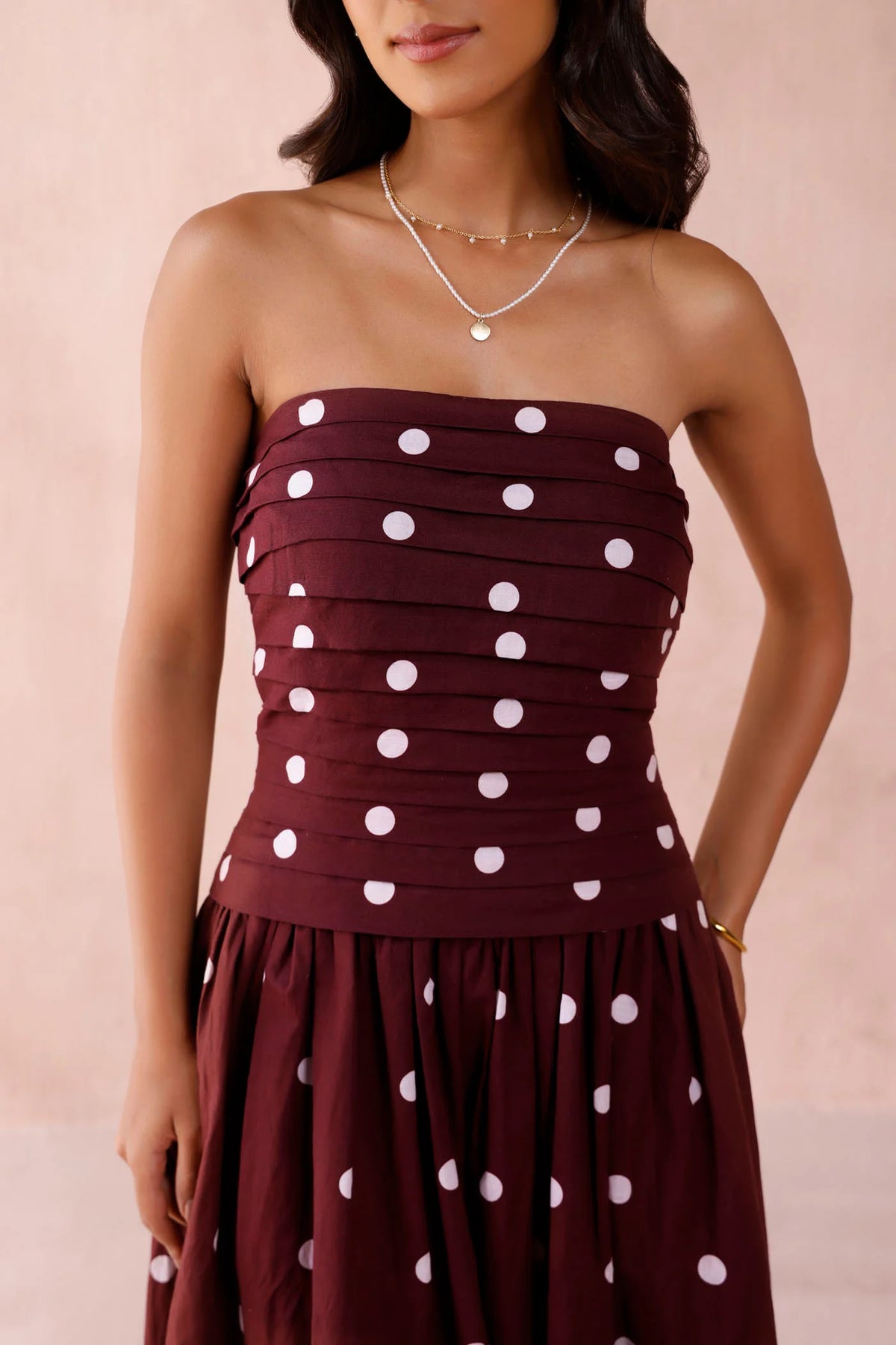 Burgundy Polka Dot Strapless Maxi Dress