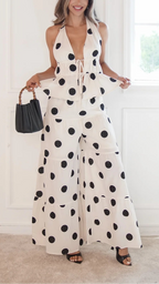 Polka Dot Halter Wide-Leg Jumpsuit