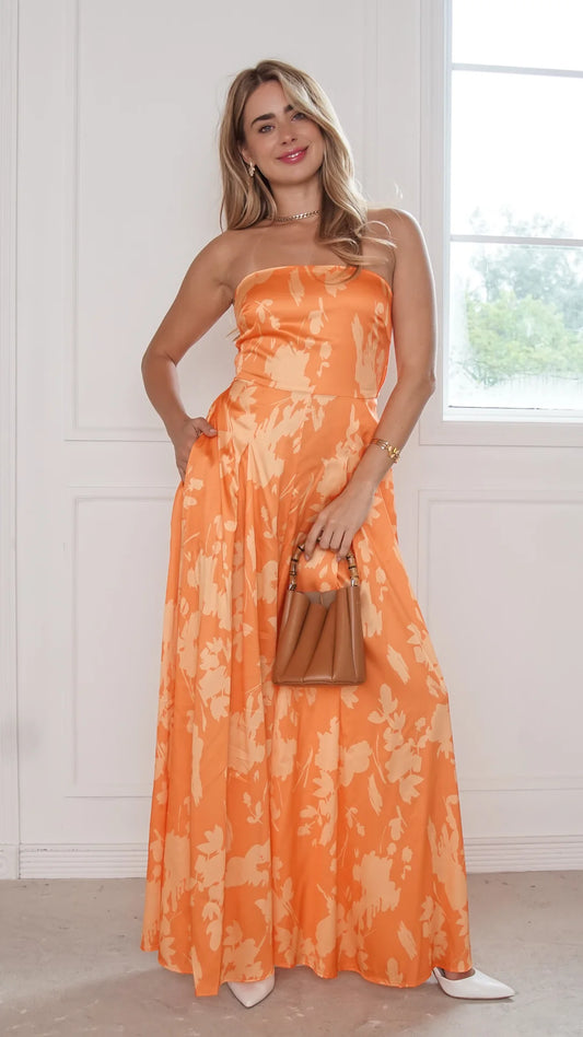 Orange Floral Strapless Wide-Leg Jumpsuit