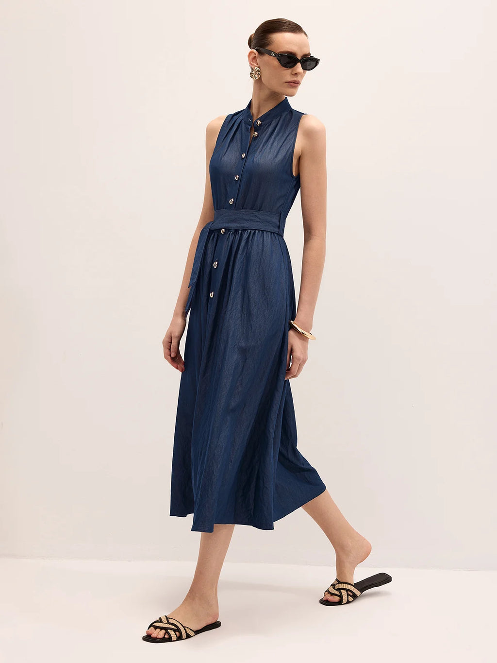 Cotton Blend Sleeveless Belted Maxi Dress