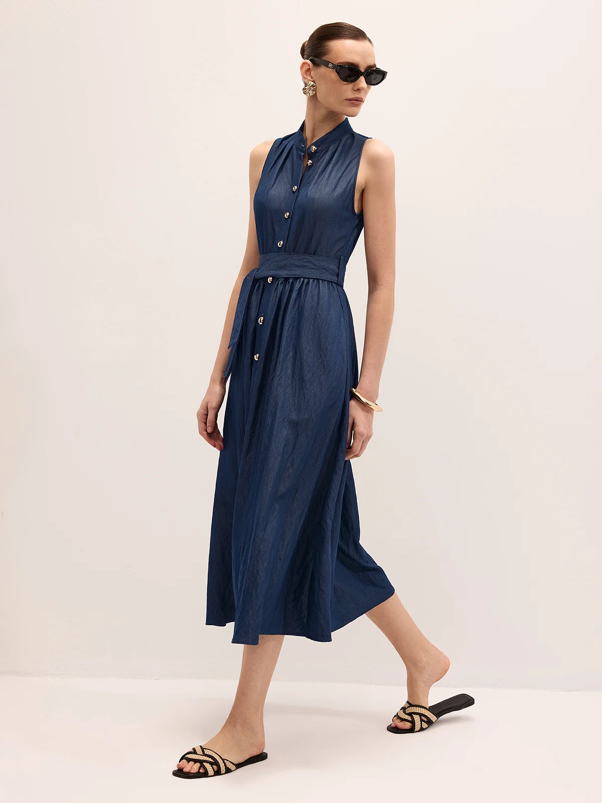Cotton Blend Sleeveless Belted Maxi Dress
