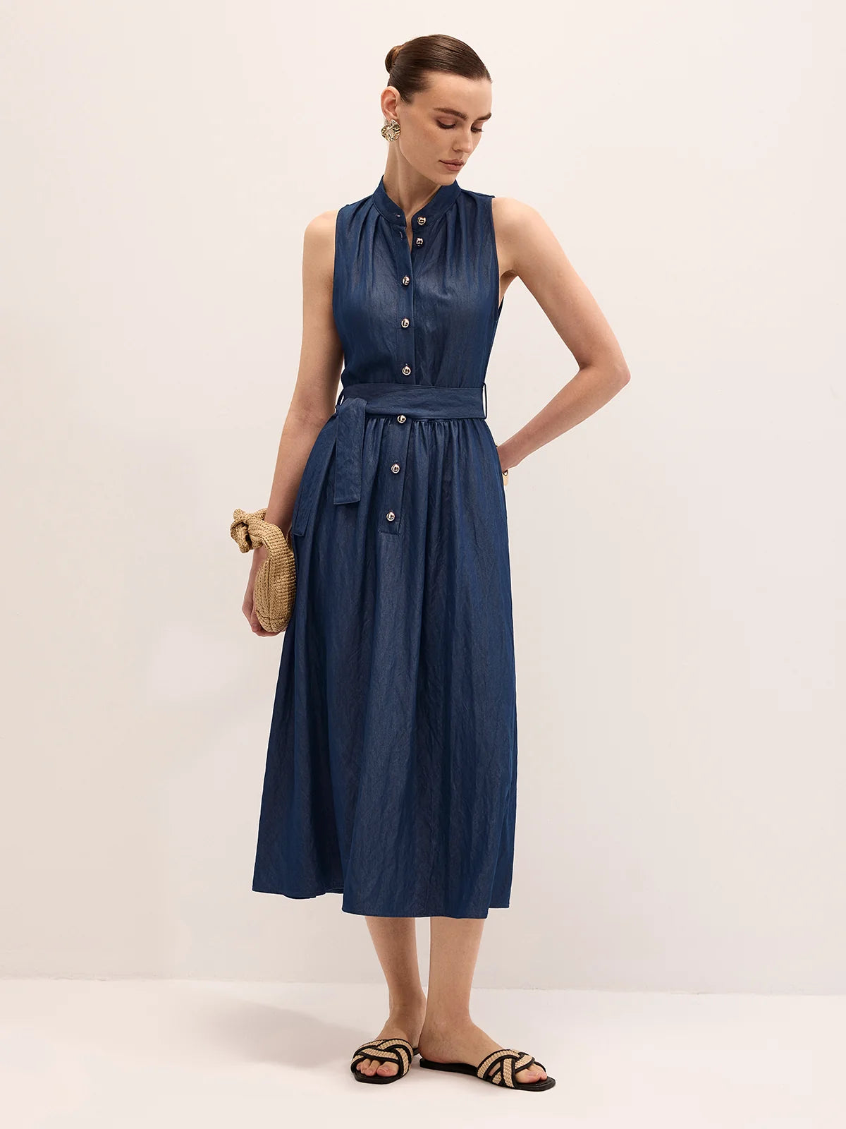 Cotton Blend Sleeveless Belted Maxi Dress