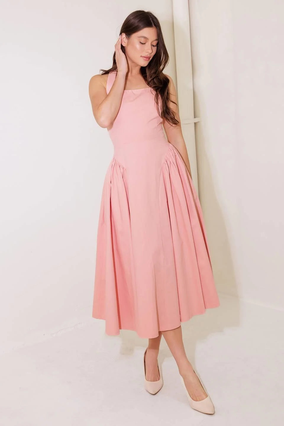 Rosalie Pink Square-Neck Midi Dress