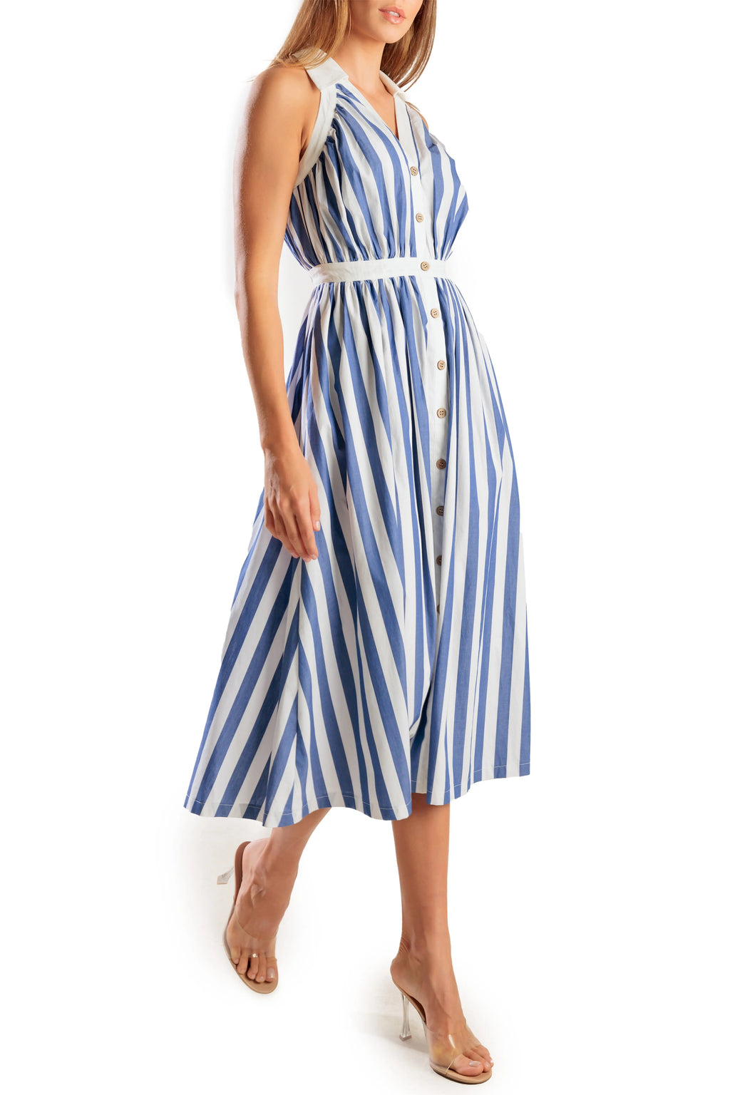 Marina Blue Stripe Collared Midi Dress