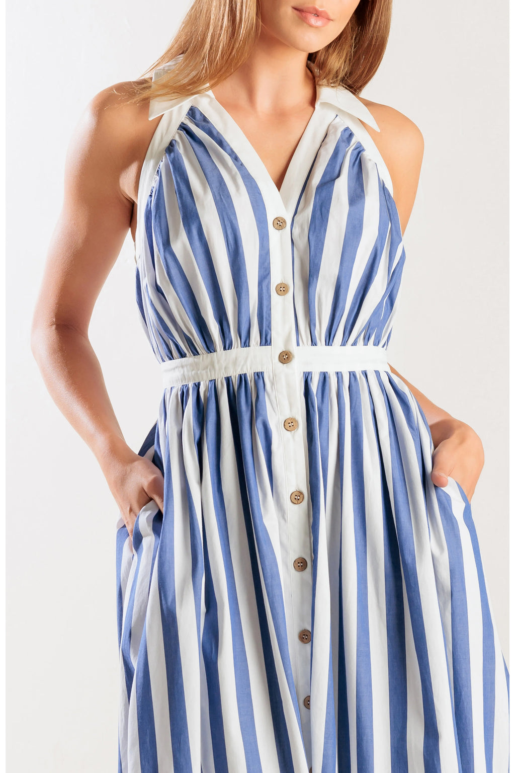 Marina Blue Stripe Collared Midi Dress