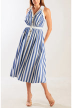 Marina Blue Stripe Collared Midi Dress