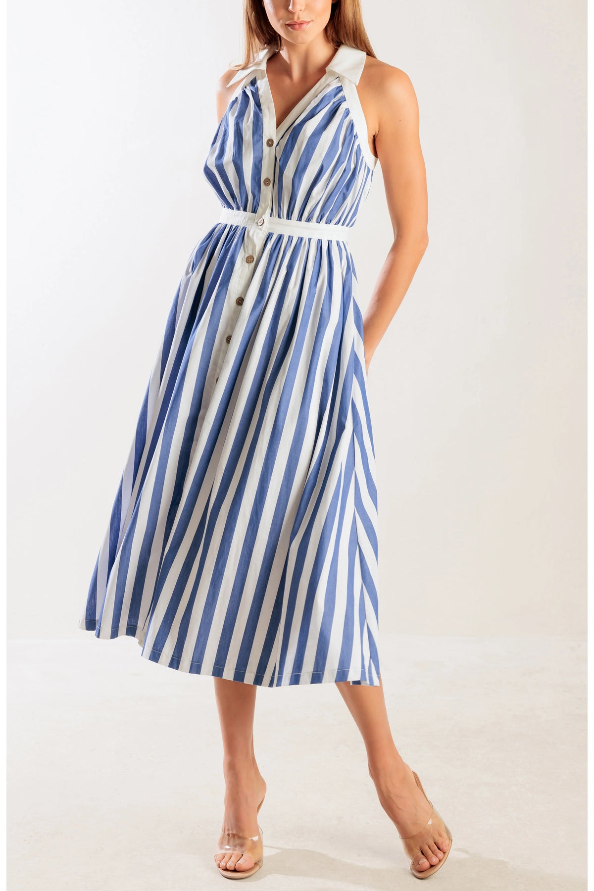 Marina Blue Stripe Collared Midi Dress