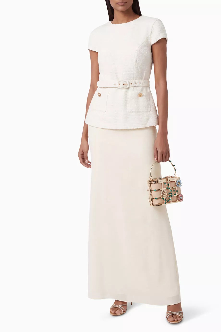 Ivory Textured Belted Top & Maxi Skirt Set
