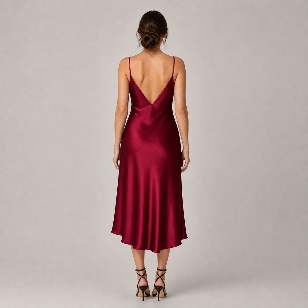 Burgundy Satin Cowl Neck Midi Dress
