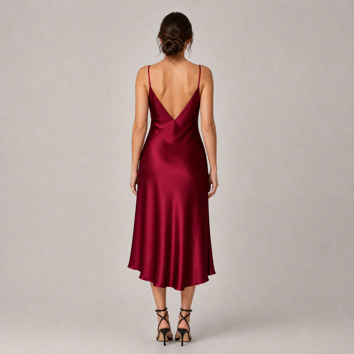 Burgundy Satin Cowl Neck Midi Dress