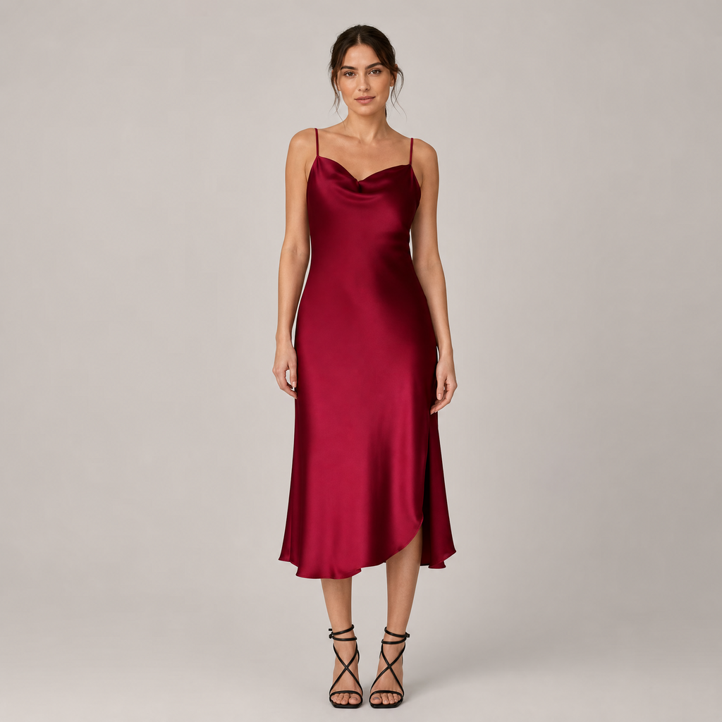 Burgundy Satin Cowl Neck Midi Dress