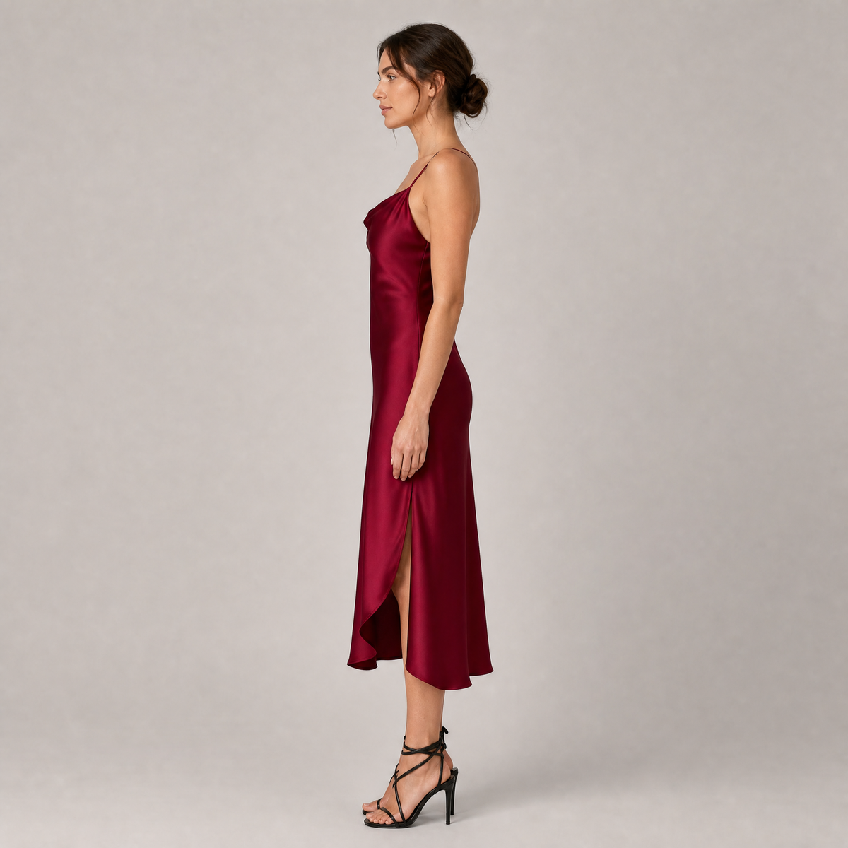 Burgundy Satin Cowl Neck Midi Dress