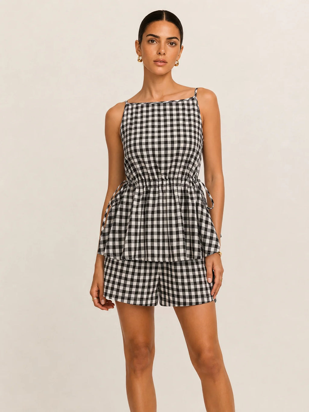 Gingham Drawstring Peplum Top & Shorts Set