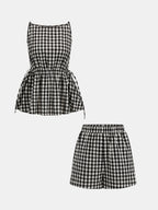 Gingham Drawstring Peplum Top & Shorts Set