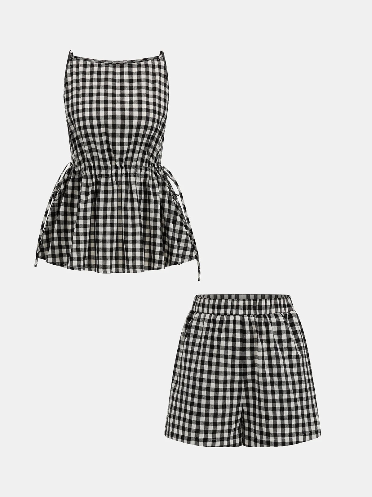 Gingham Drawstring Peplum Top & Shorts Set