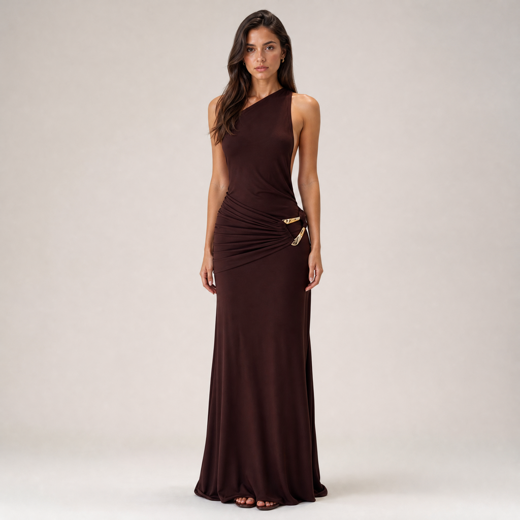 Chocolate Brown Draped Ruched Maxi Dress