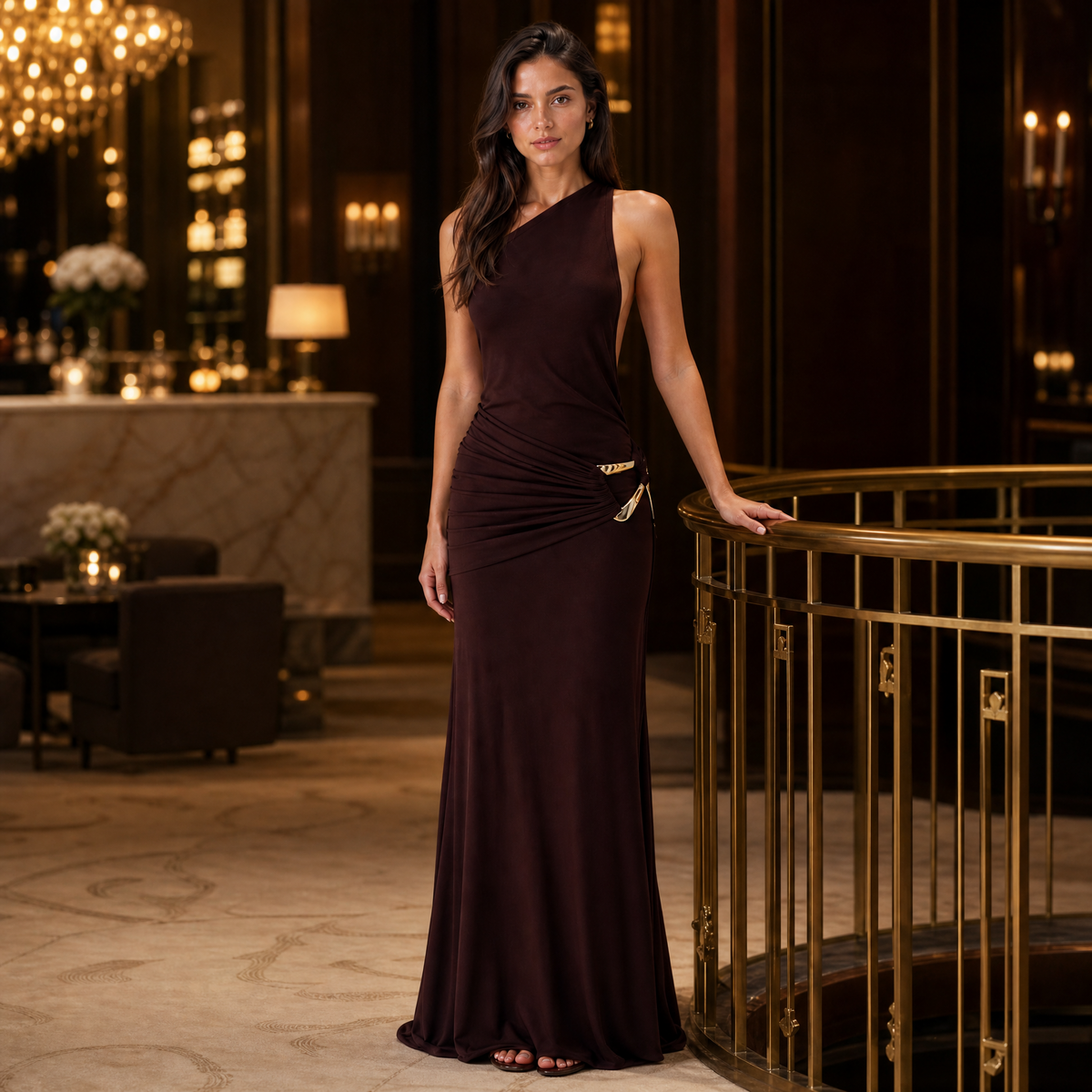 Chocolate Brown Draped Ruched Maxi Dress