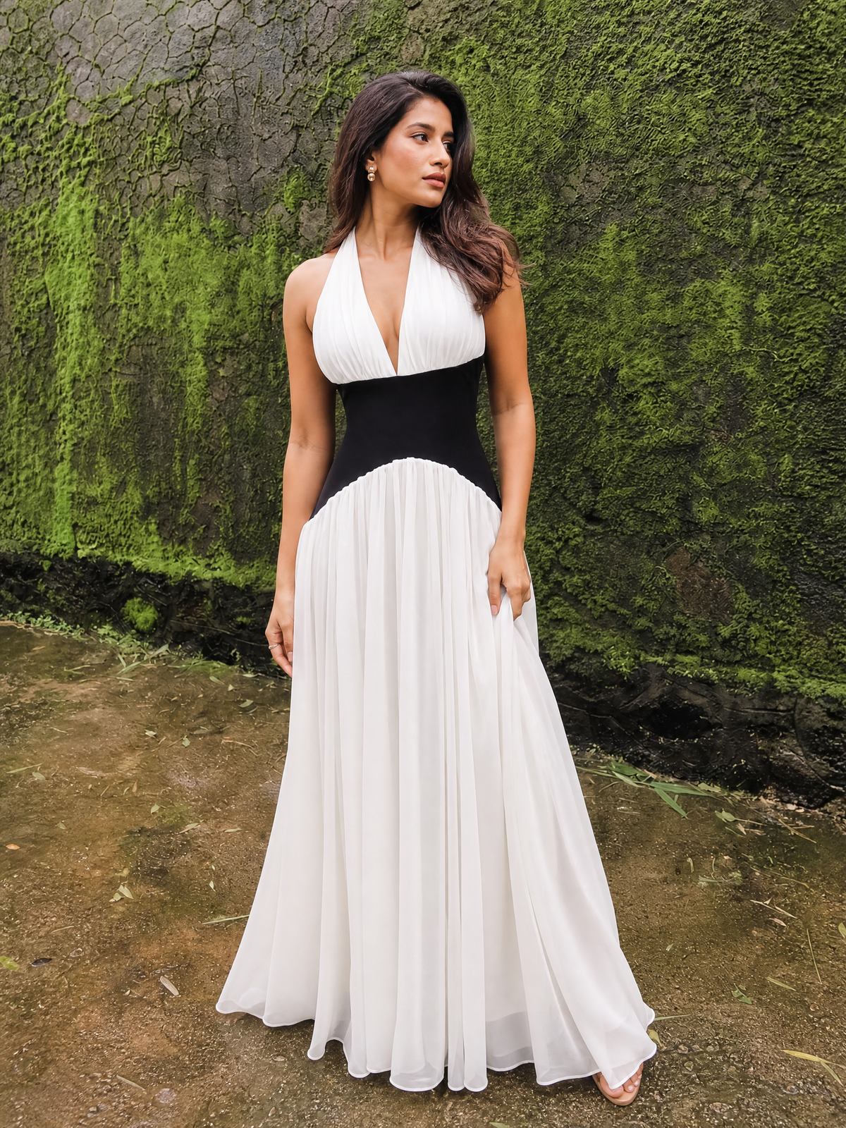 Ivory & Black Halter Pleated Maxi Dress