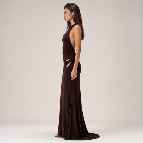 Chocolate Brown Draped Ruched Maxi Dress