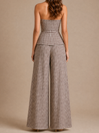 Brown Gingham Strapless Peplum Co-Ord Set
