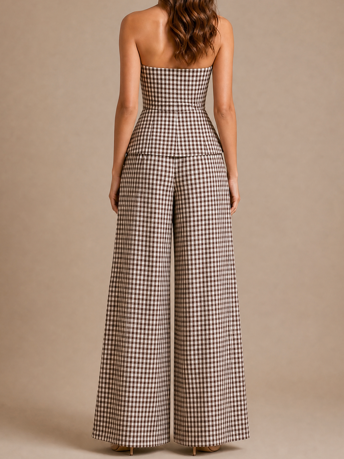 Brown Gingham Strapless Peplum Co-Ord Set