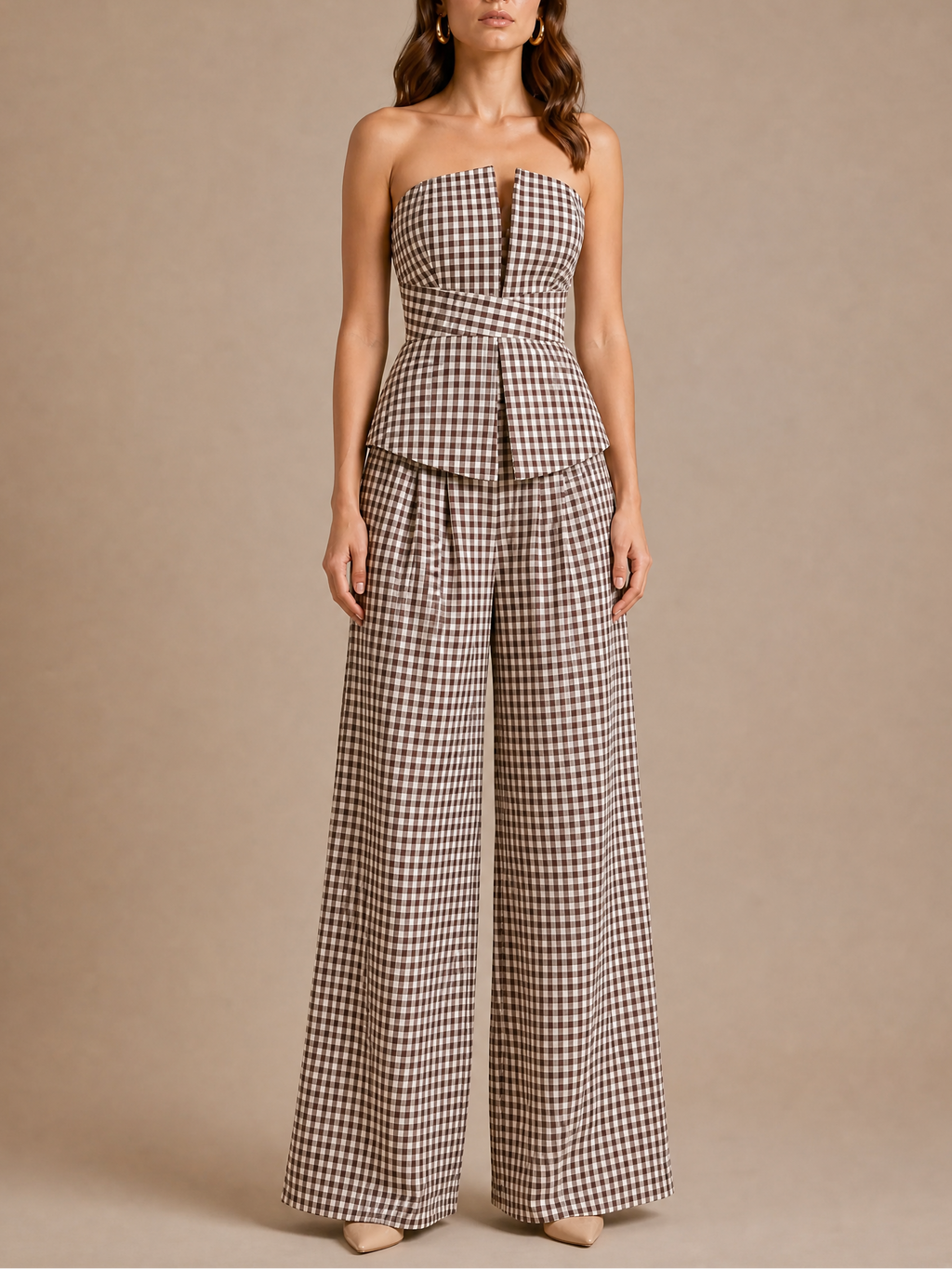 Brown Gingham Strapless Peplum Co-Ord Set