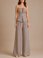 Brown Gingham Strapless Peplum Co-Ord Set