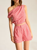 Gingham One-Shoulder Top and Shorts Set