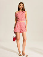 Gingham One-Shoulder Top and Shorts Set