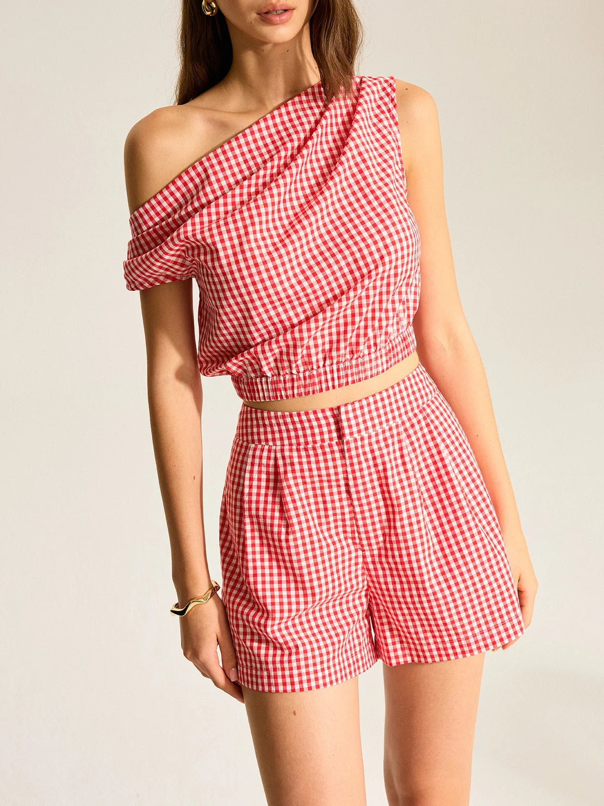 Gingham One-Shoulder Top and Shorts Set